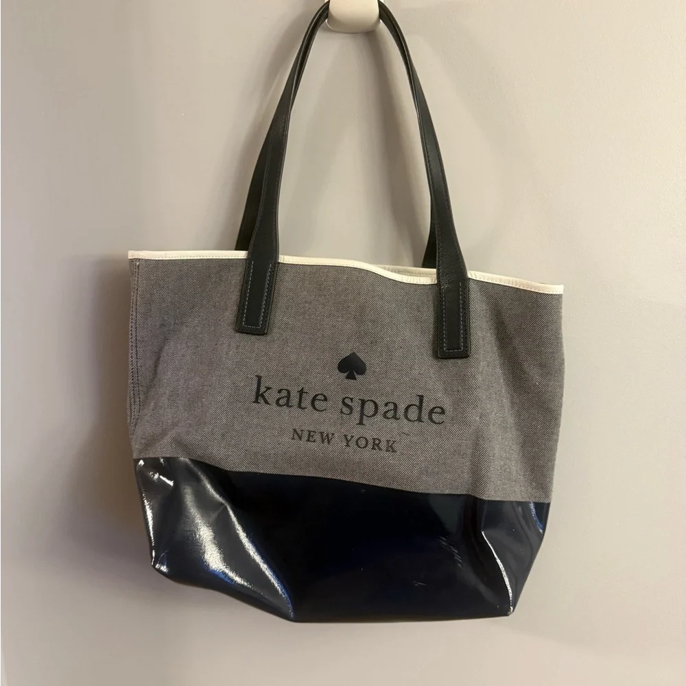 Kate Spade New York Canvas & Patent Leather Tote Bag Navy Gray
